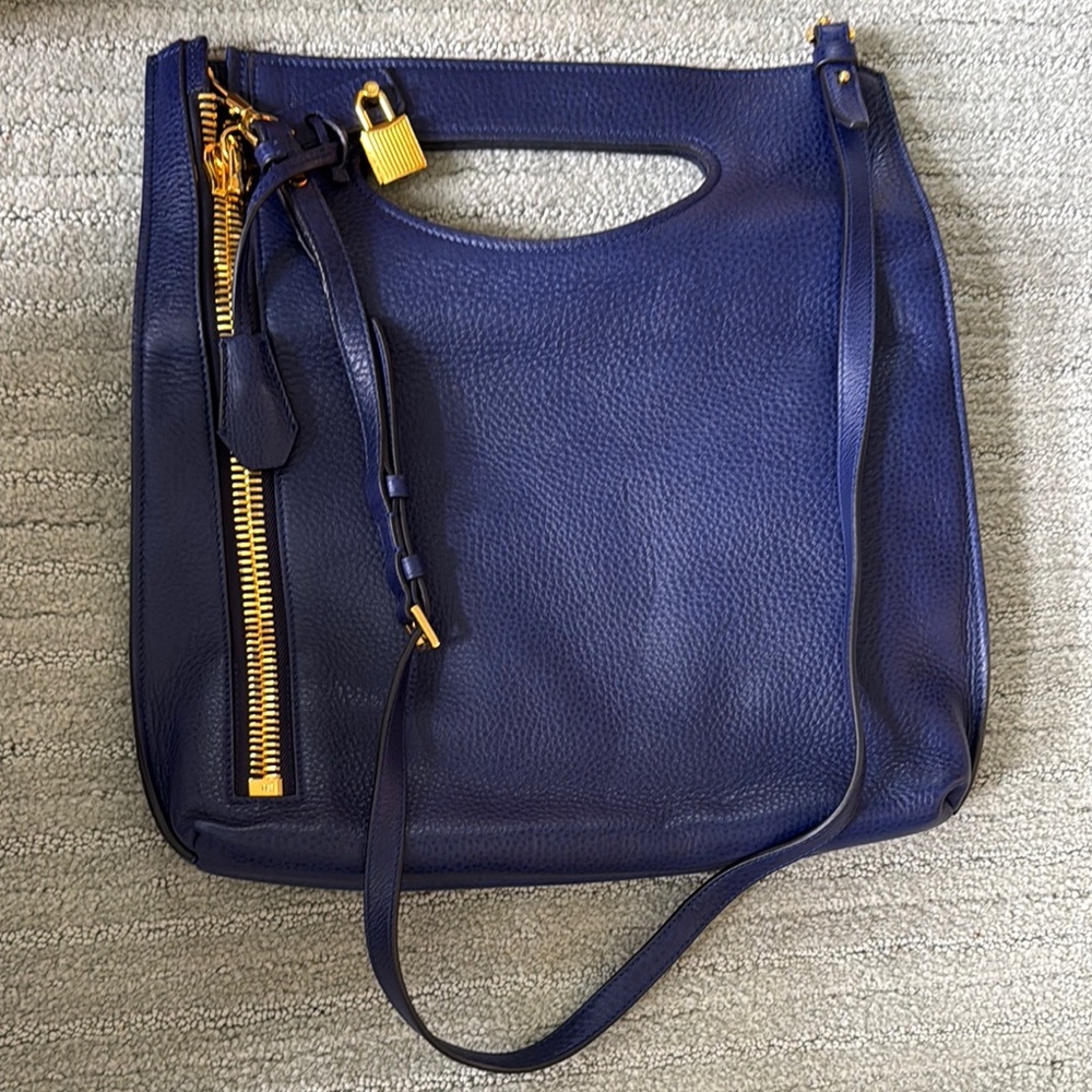 Tom Ford Blue and Gold Shoulder Bag with Distinctive Cutout Handle